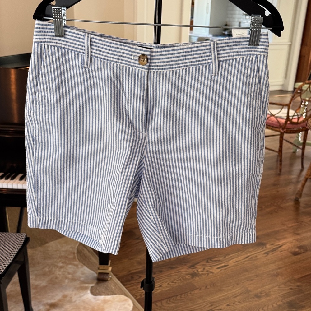 Talbots Blue and White Seersucker High-Waist Shorts